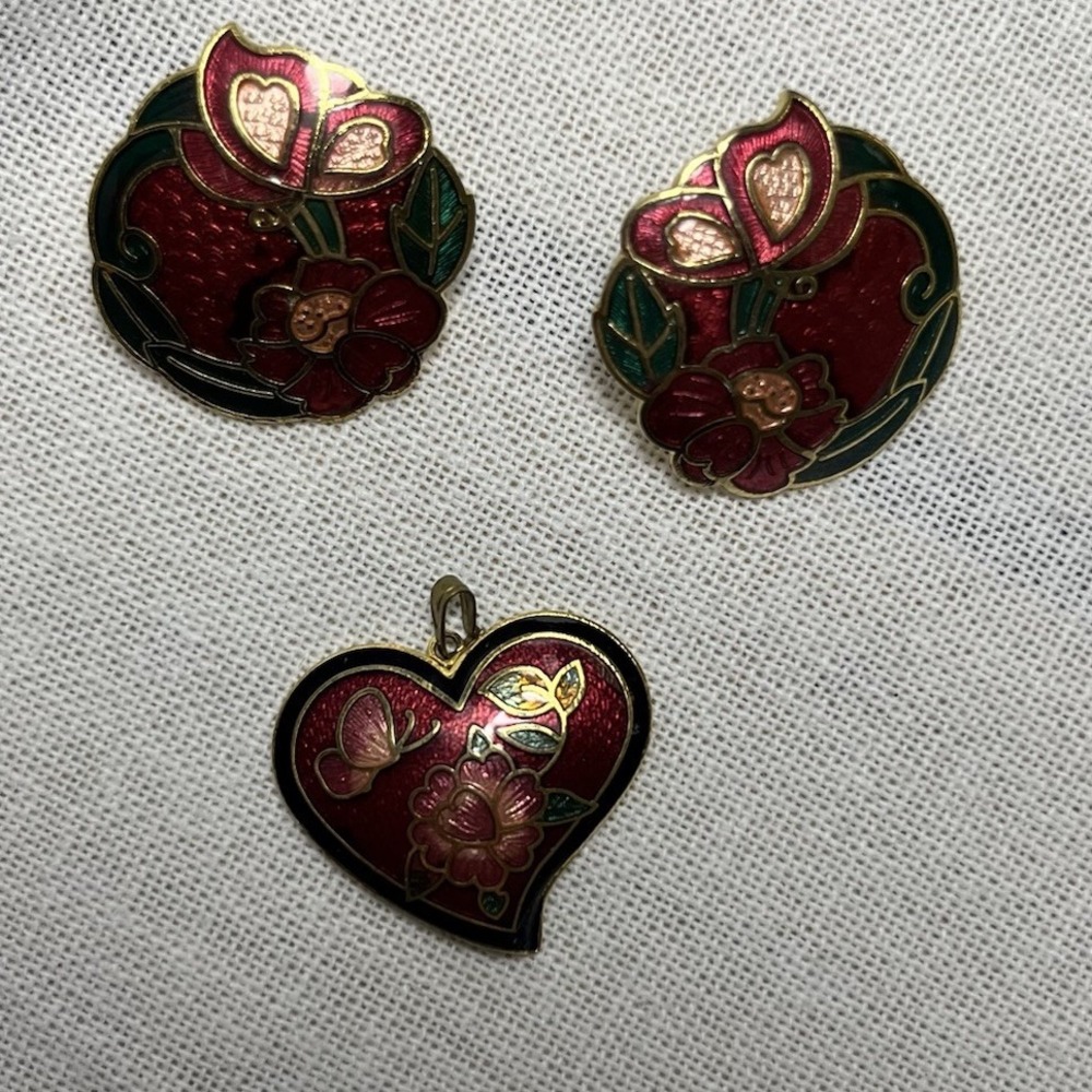 Vtg Cloisonné Necklace Earring Set Enamel Flower Butterfly Romantic Asian